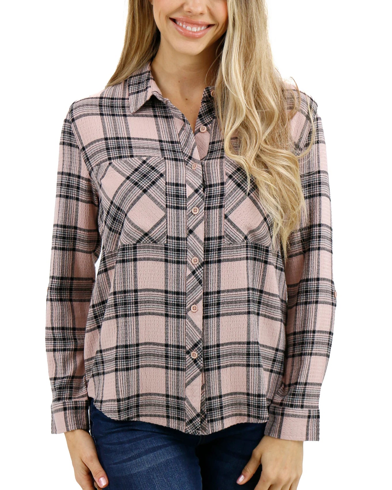 Favorite Button up Top in Blush/Black Plaid - FINAL SALE