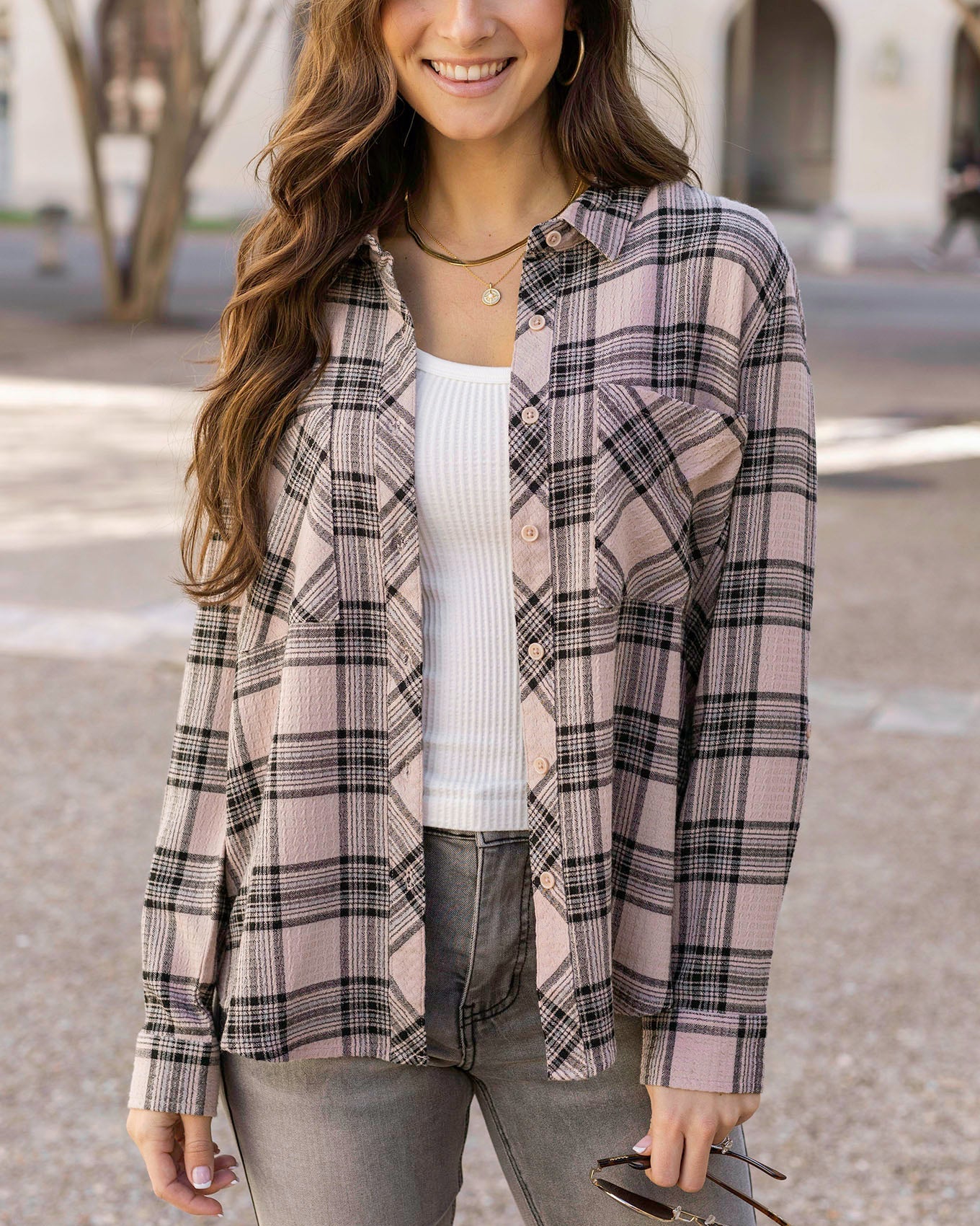 Favorite Button up Top in Blush/Black Plaid - FINAL SALE