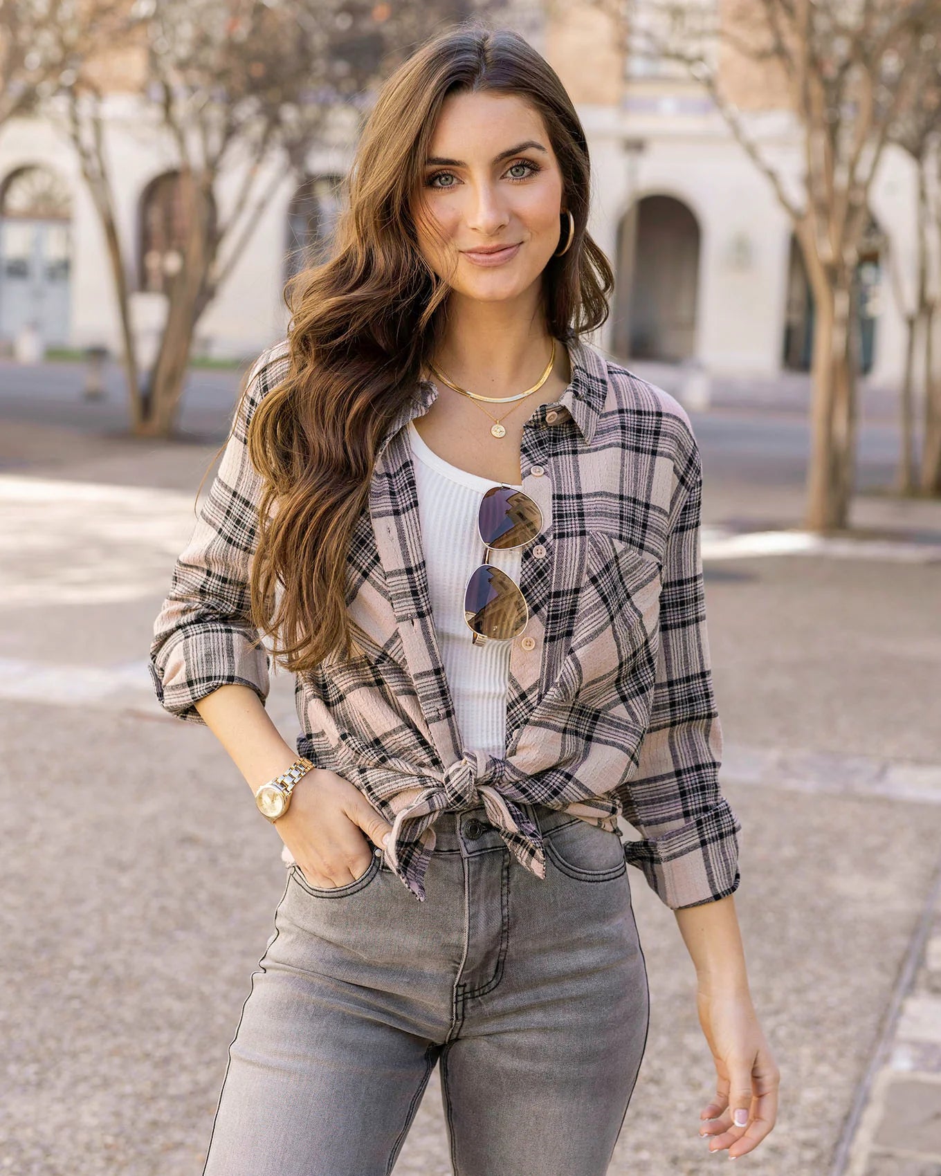 Favorite Button up Top in Blush/Black Plaid - FINAL SALE